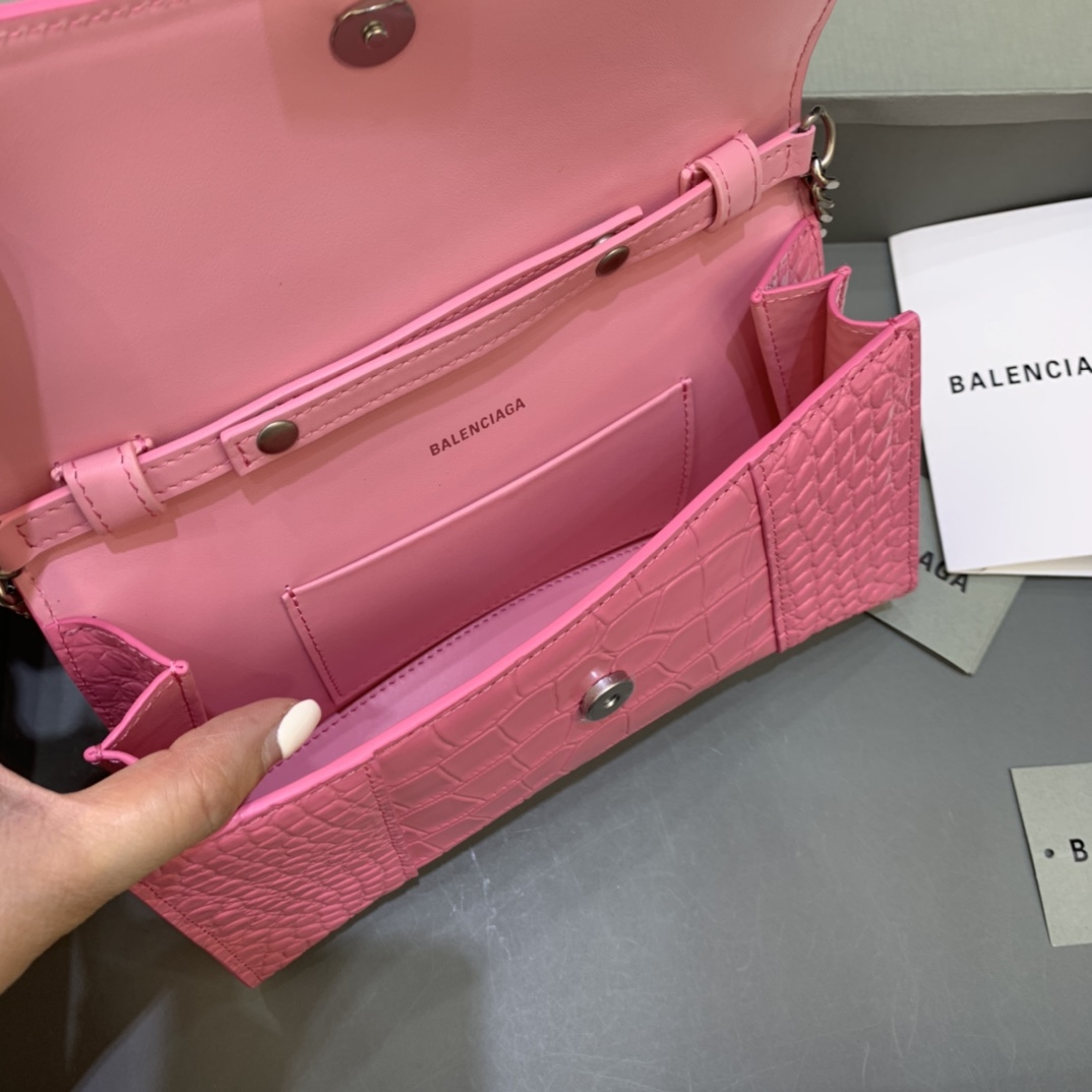 Balenciaga Big Hourglass Wallet With Chain Crocodile Embossed Shoulder Bag Pink